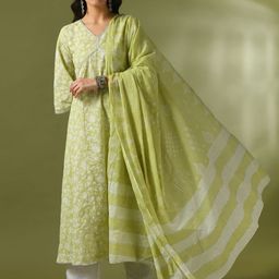 HERE&NOW Women Floral Printed Cotton Kurta with Trousers & Dupatta-picture-15