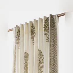 Fabindia Jarul Cream-Coloured & Green Floral Long Door Curtain-33