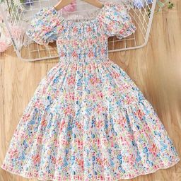 White World Girls Floral Print Fit & Flare Dress-image-92