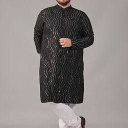 SOJANYA PLUS Size Geometric Embroidered Sequinned Band Collar Pure Cotton Straight Kurta-picture-0