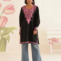 Kashmir Box Kashmiri Aari Embroidery Black Cotton Kurti-image-87