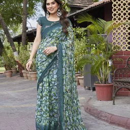 Ambuja International Floral Mirror Work Pure Georgette Saree-image-76