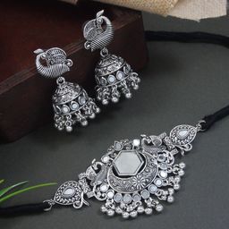 I Jewels Silver Plated Stones Studded Oxidised Jewellery Set-image-87