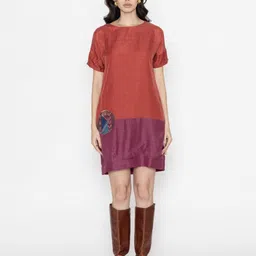 Contemponari Floral Colourblocked Linen A-Line Dress-picture-44