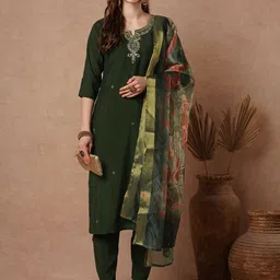 FASHOR Floral Embroidered Notch NeckStraight Kurta & Trousers With Dupatta-picture-53