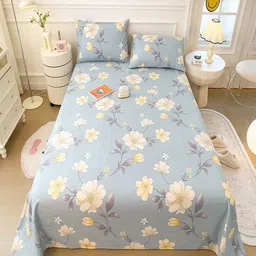 JC HOME Blue & Cream Floral Printed 220 TC Single Size Bedsheet Set-image-98