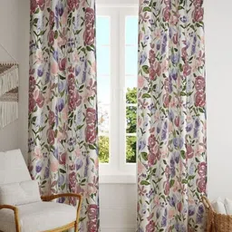 BILBERRY Furnishing by preeti grover White & Violet Set of 2 Floral Black Out Long Door Curtain-5