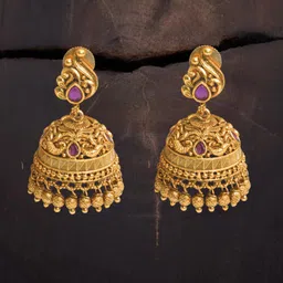 South Temple Jewellery Gold-Plated Artificial Stoned Studded Dome Shaped Jhumkas-20