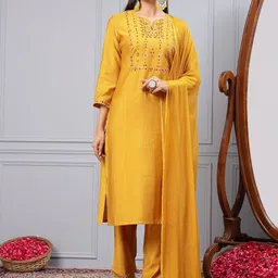Nayam By Lakshita Geometric Yoke Design Thread Work Straight Kurta with Palazzos & Dupatta-0