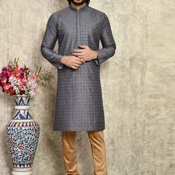 RANAK Floral Embroidered Mandarin Collar Sequinned Art Silk Straight Kurta With Churidar-image-97