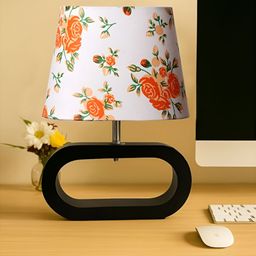 Devansh White & Orange Floral Printed Wooden Frusturical Shaped Table Lamp-33