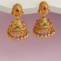 Kushal's Fashion Jewellery Women Ruby-Green Gold-Plated Ethnic Antique Jhumkas-14