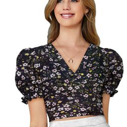 unianta Women Floral Printed Puff Sleeves V-Neck Styled Back Crop Top-image-14