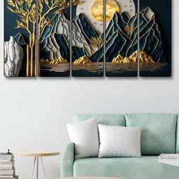 Aura Black & Gold-Toned 5 Pieces Wooden Mountain & Sun Wall Paintings-image-33