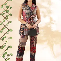 Anouk Ethnic Motifs Printed Pure Cotton Lapel Notch Collar Coat With Trousers With Belt-27
