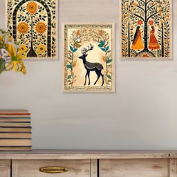 Kotart Brown & Blue 3 Pieces Floral & Deer Printed Wooden Wall Arts-picture-29