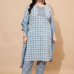 Vbuyz Grey Geometric Printed Round Neck Regular Mirror Work Kurta & Trouser With Dupatta-image-31