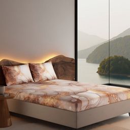 Stoa Paris Champagne & White Ethnic Motifs 300 TC King Fitted Sheet 2 Pillow Covers-image-63