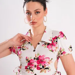 clobug Women Floral Printed Waist Tie-Ups Shirt Collar Linen Crop Shirt Style Top-image-78