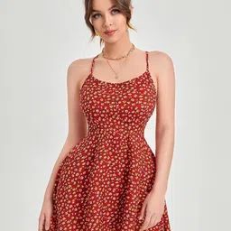 XPIOX Women Floral Printed Sleeveless Fit & Flare Above Knee Length Dress-image-86