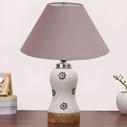 Devansh Grey & White Textured Wooden Frustum Shaped Table Lamp With Mosaic Glass Base-10