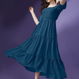 Raiyani Enterprise Women Bell Sleeve Applique Georgette Fit & Flare Maxi Solid Dress-image-78