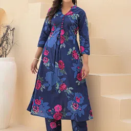SINGNI Floral Printed Mandarin Collar Pure Cotton Tunic With Trouser-image-5