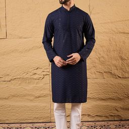 House of Pataudi Embroidered Sequinned Mandarin Collar Straight Kurta-31