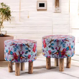 Ikiriya 2-Pcs Grey & Pink Embroidered Round Ottomans-15