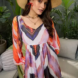 SASSAFRAS Striped Flared Sleeve Georgette Fit & Flare Dress-image-17