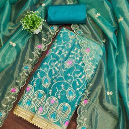HERE&NOW Floral Embroidered Thread Work Silk Crepe Unstitched Dress Material-image-57