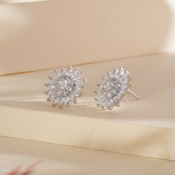 DressBerry Rhodium-Plated Cubic Zirconia Studded Floral Shaped Studs-9