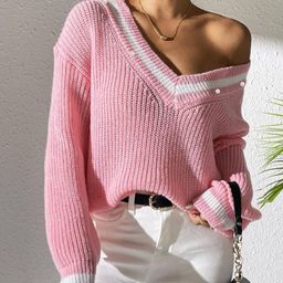 bebe Women Colourblocked V-Neck Longline Pullover-image-59