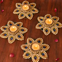 Aapno Rajasthan GoldToned and Blue 4 Pieces Metal  Pecock feather Textured Candles-9