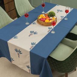 URBAN SPACE Blue & White Floral Anti-Slip Cotton 4-Seater Table Cover-56