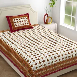 The Craft Monk Red & Beige 210 TC Single Bedsheet with 1 Pillow Covers-picture-4
