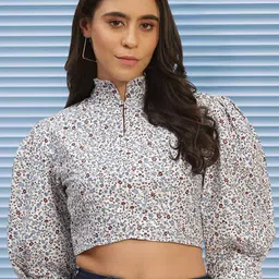 Rue Collection Floral Print Mandarin Collar Puff Sleeve Crop Top-image-64