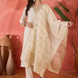 Sangria Ethnic Motifs Embroidered Straight Kurta & Trousers With Dupatta-image-20
