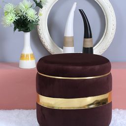 Shadowkart Coffee Brown Tufted Velvet & Wooden Framed Cylindrical Ottoman-image-32