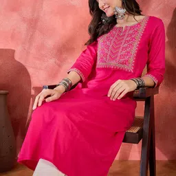 Sangria Floral Yoke Design Notch-Neck Thread Work Straight Kurta image 2