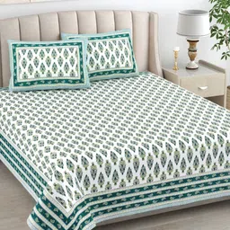 The Craft Monk Green & White Floral 240 TC Pure Cotton King Bedsheet & 2 Pillow Covers-image-63