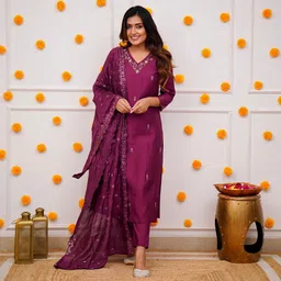 KALINI Women Ethnic Motifs EmbroideredSilk Kurta with Trousers & With Dupatta-21