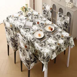 HOKIPO Set Of 5 Brown & White Printed Cover With Matching Tablecloth-57
