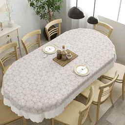 The Home Story Beige & White 8-Seater Geometric Printed Anti-Slip Oval Table Cover-picture-17
