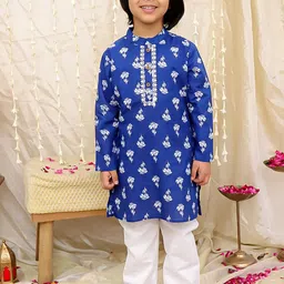 KID1 Boys Floral Printed Mandarin Collar Pure Cotton Kurta With Pyjamas-image-88