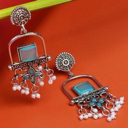 Zoey German Silver-Plated Stones Studded & Beaded Square Shaped Oxidised Drop Earrings-68