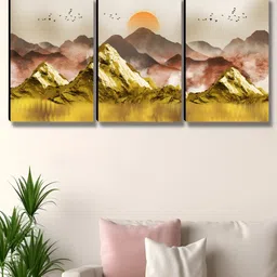 Myntra Elegant Homes Gold-Toned & Pink 3 Piece Rising Sun Printed Wall Arts-image-87