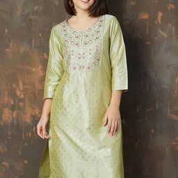 Melange by Lifestyle Floral Woven Design Sequinned Round Neck Straight Kurta-picture-12