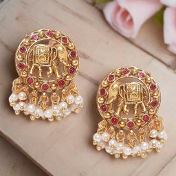 Anouk Gold-Plated Artificial Stones and Beaded Elephant Shaped Drop Earrings image 2