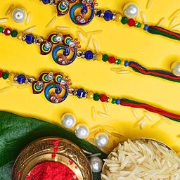 Anouk Set Of 3 Beaded Cotton Thread with AD Stones & Meenakari Designer Rakhi for Brother-8